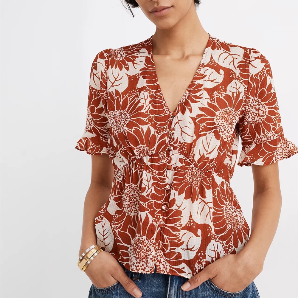 NWT Silk Keyhole-Sleeve Top | Sunflower Season